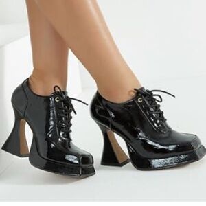 Handmade Black Patent Leather Women's Shoes Coffin Heels 7.5